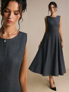 Poéselle Women's New Solid Round Neck Sleeveless Midi Dress, Structured Cut Design, Versatile 4‑Season Wear For Fall Winter, Date Night, Office & Daily Casual - Dark Grey - View 11