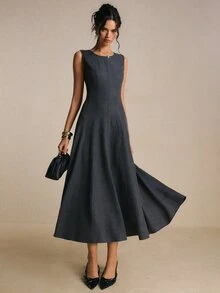 Poéselle Women's New Solid Round Neck Sleeveless Midi Dress, Structured Cut Design, Versatile 4‑Season Wear For Fall Winter, Date Night, Office & Daily Casual - Dark Grey - View 6