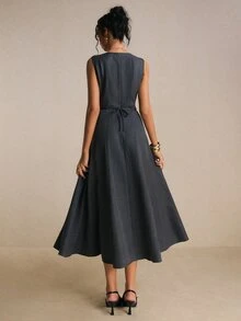 Poéselle Women's New Solid Round Neck Sleeveless Midi Dress, Structured Cut Design, Versatile 4‑Season Wear For Fall Winter, Date Night, Office & Daily Casual - Dark Grey - View 4