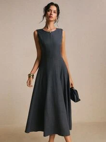 Poéselle Women's New Solid Round Neck Sleeveless Midi Dress, Structured Cut Design, Versatile 4‑Season Wear For Fall Winter, Date Night, Office & Daily Casual - Dark Grey - View 7