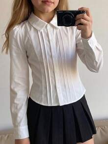 SHEIN 大童女孩長袖百褶校服襯衫 (大號) - 白色 - 查看 1