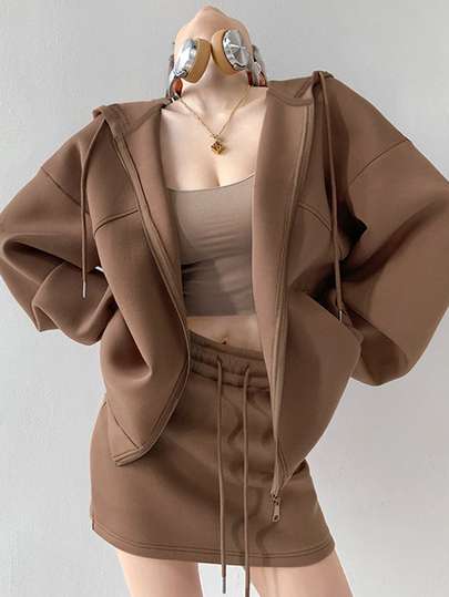INAWLY Women's Solid Color Dropped Shoulder Long Sleeve Zip-Up Hooded Sweatshirt And Drawstring Waist Skirt Set
