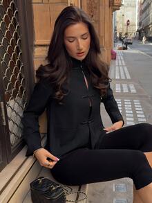 Siren Gaze 女款復古黑色優雅修身版型漏斗領立領緹花短外套 龍骨鈕扣 中式夾克 晚宴聚會 秋季 - 黑色 - 查看 12