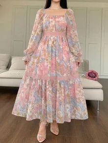 DAZY Autumn Square Neck Lantern Sleeve Cinched Waist All-Over Print Chiffon Elegant Women's Midi Dress - Pink - View 6