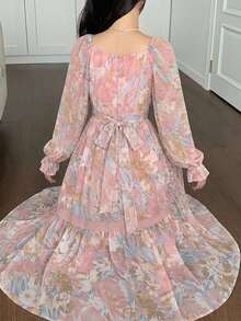 DAZY Autumn Square Neck Lantern Sleeve Cinched Waist All-Over Print Chiffon Elegant Women's Midi Dress - Pink - View 2