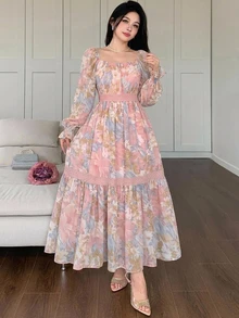 DAZY Autumn Square Neck Lantern Sleeve Cinched Waist All-Over Print Chiffon Elegant Women's Midi Dress - Pink - View 5