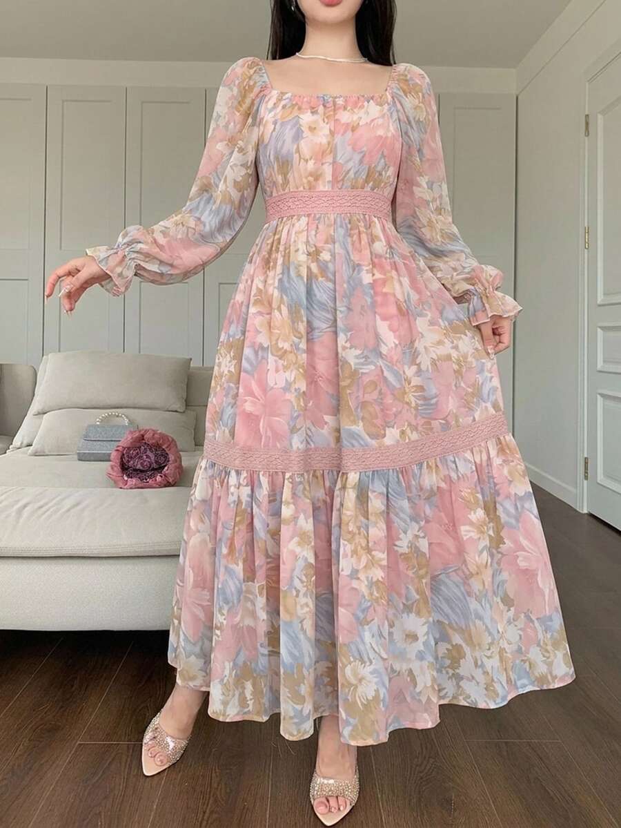 DAZY Autumn Square Neck Lantern Sleeve Cinched Waist All-Over Print Chiffon Elegant Women's Midi Dress - Pink - View 1