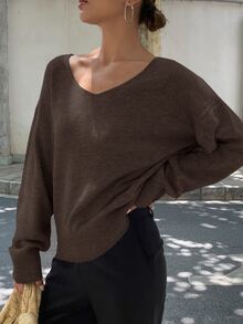 Livesso Women's Solid Color Oversized V-Neck Long Sleeve Pullover Sweater,Long Sleeve Tops,Back To School Clothes,Fall Women Clothes - Coffee Brown - View 4