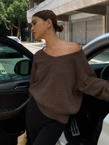 Livesso Women's Solid Color Oversized V-Neck Long Sleeve Pullover Sweater,Long Sleeve Tops,Back To School Clothes,Fall Women Clothes - Coffee Brown - View 6