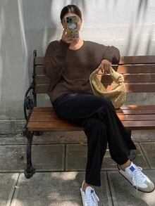 Livesso Women's Solid Color Oversized V-Neck Long Sleeve Pullover Sweater,Long Sleeve Tops,Back To School Clothes,Fall Women Clothes - Coffee Brown - View 3