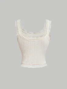SHEIN MOD Beige Lace Trimmed Jacquard Texture Tank Top Decorated With Ribbon Bowknot And Silky Ribbons - Apricot - View 2