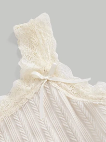 SHEIN MOD Beige Lace Trimmed Jacquard Texture Tank Top Decorated With Ribbon Bowknot And Silky Ribbons - Apricot - View 4