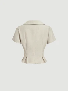SHEIN MOD 女款卡其色百褶短袖襯衫，巴黎風夏季休閒法式優雅上衣，百搭茶會、辦公室、日常穿著，開學季校園風 - 卡其色 - 查看 2