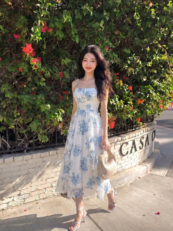 SHEIN MOD Women Dresses Zip Shirred Ruched Bust Bunga All Over Print Boho