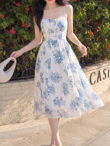 SHEIN MOD Abito Canotta Floreale Da Donna Con Orlo Arricciato - Blu e Bianco - Visualizzare 3