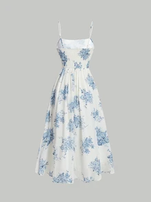 SHEIN MOD Abito Canotta Floreale Da Donna Con Orlo Arricciato - Blu e Bianco - Visualizzare 2