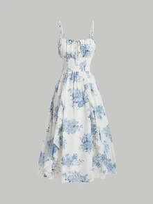 SHEIN MOD Abito Canotta Floreale Da Donna Con Orlo Arricciato - Blu e Bianco - Visualizzare 4