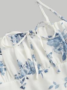 SHEIN MOD Abito Canotta Floreale Da Donna Con Orlo Arricciato - Blu e Bianco - Visualizzare 5