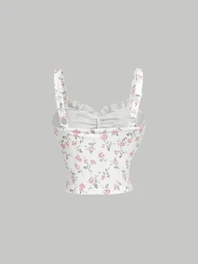 SHEIN MOD Women's White And Pink Floral Print Cami Top Lace,Ruched Bust,Ruffle Trim,Bow Detail,Cottage Core Cute Summer,Spring,Holiday,Date Daily Wear - Multicolor - View 2