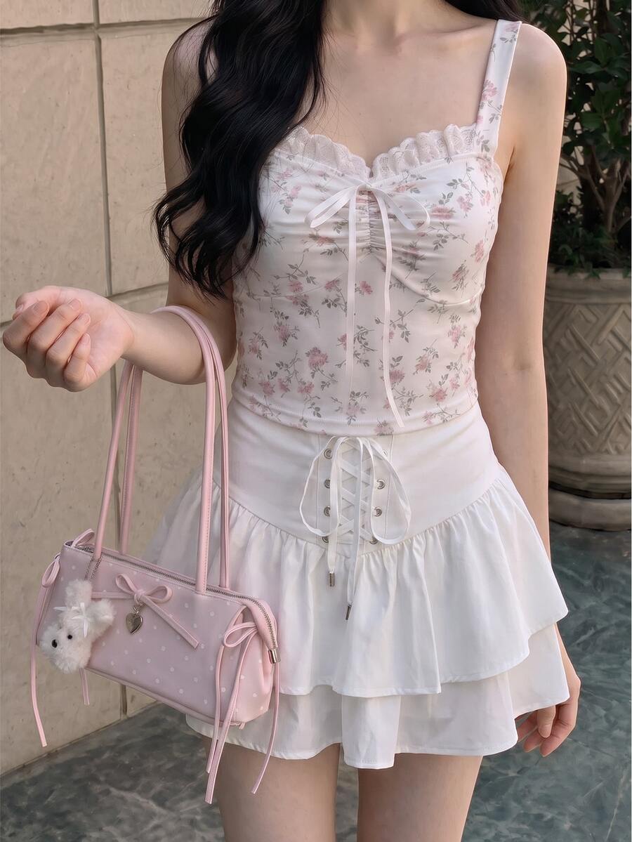 SHEIN MOD Women's White And Pink Floral Print Cami Top Lace,Ruched Bust,Ruffle Trim,Bow Detail,Cottage Core Cute Summer,Spring,Holiday,Date Daily Wear - Multicolor - View 1