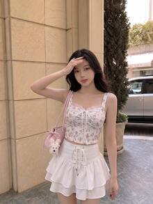 SHEIN MOD Women's White And Pink Floral Print Cami Top Lace,Ruched Bust,Ruffle Trim,Bow Detail,Cottage Core Cute Summer,Spring,Holiday,Date Daily Wear - Multicolor - View 3