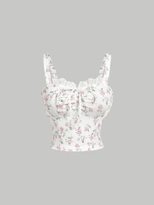 SHEIN MOD Women's White And Pink Floral Print Cami Top Lace,Ruched Bust,Ruffle Trim,Bow Detail,Cottage Core Cute Summer,Spring,Holiday,Date Daily Wear - Multicolor - View 4