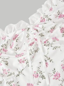 SHEIN MOD Women's White And Pink Floral Print Cami Top Lace,Ruched Bust,Ruffle Trim,Bow Detail,Cottage Core Cute Summer,Spring,Holiday,Date Daily Wear - Multicolor - View 5