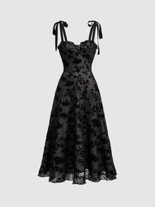 SHEIN MOD Women's Summer Floral Flocked Strap Dress - Black - View 3