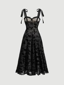SHEIN MOD Women's Summer Floral Flocked Strap Dress - Black - View 2