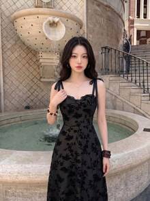 SHEIN MOD Women's Summer Floral Flocked Strap Dress - Black - View 4
