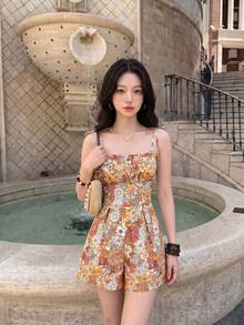 Skyraze 女士休闲印花无袖连体裤 - 黃色 - 查看 2