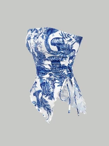 SHEIN MOD 女士花卉图案不对称下摆抹胸上衣、复古背心、游牧背心、海盗上衣、新年上衣、女牛仔服装、嬉皮女装、蓝色紧身胸衣上衣 - 藍白色 - 查看 3