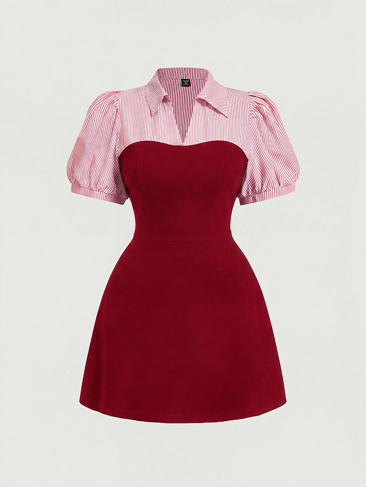 SHEIN MOD Plus Size Blue And White Striped Patchwork Black Elegant Commuter 2 In 1 Suit Dress Back-To-School Formal Graduation Red And White Summer Casual - Burgundy - View 5