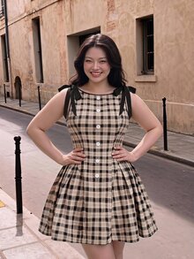 SHEIN MOD 大尺碼復古格紋印花短洋裝，小A字格紋裙，學院風、優雅、通勤、生日派對、復古 - 棕色 - 查看 1