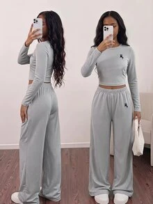 SHEIN 女童休閒舒適修身長袖T恤與舒適鬆緊腰寬腿寬鬆長褲2件套 - 灰色 - 查看 1