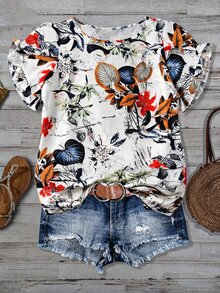 Linhara Women's Plus Size New Fashion Casual Vacation Tropical Jungle Floral Leaf Plant Print Round Neck Ruffle Flutter Sleeve Loose Flattering Blouse Suitable For Daily Wear And Vacation - Multicolor - View 1