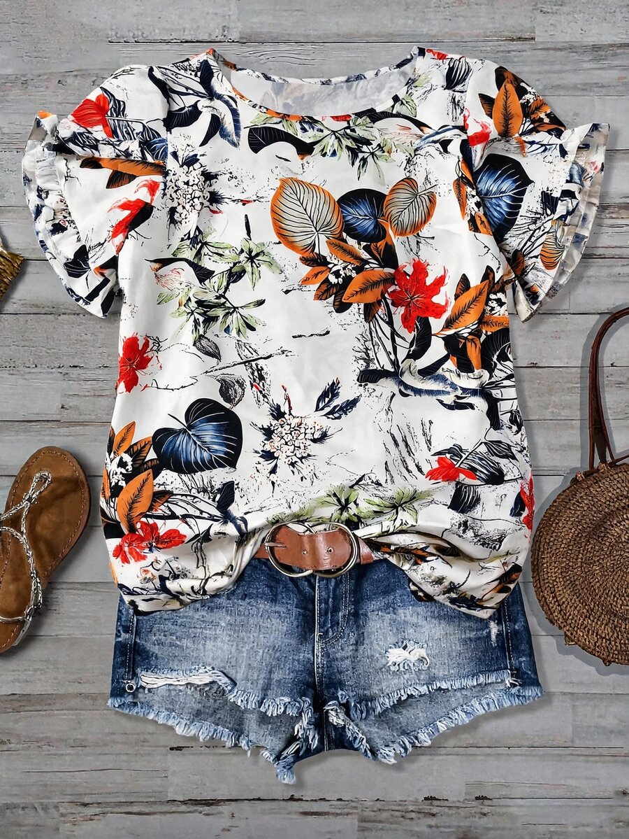 Linhara Women's Plus Size New Fashion Casual Vacation Tropical Jungle Floral Leaf Plant Print Round Neck Ruffle Flutter Sleeve Loose Flattering Blouse Suitable For Daily Wear And Vacation - Multicolor - View 1
