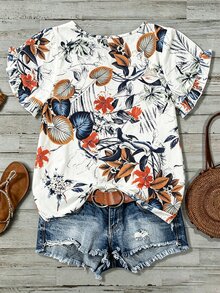 Linhara Women's Plus Size New Fashion Casual Vacation Tropical Jungle Floral Leaf Plant Print Round Neck Ruffle Flutter Sleeve Loose Flattering Blouse Suitable For Daily Wear And Vacation - Multicolor - View 4