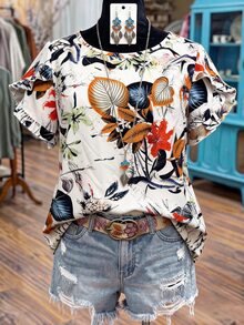 Linhara Women's Plus Size New Fashion Casual Vacation Tropical Jungle Floral Leaf Plant Print Round Neck Ruffle Flutter Sleeve Loose Flattering Blouse Suitable For Daily Wear And Vacation - Multicolor - View 3