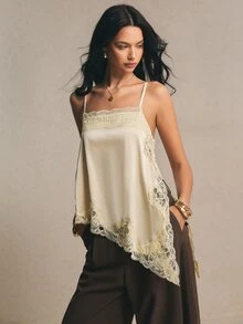 Poéselle 女款優雅浪漫夏季緞面對比蕾絲不對稱下擺細肩帶背心，米色晚宴約會日派對酒吧派對下午茶派對上衣，奶油色穿搭 - 杏色 - 查看 5