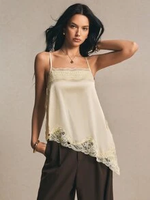 Poéselle 女款優雅浪漫夏季緞面對比蕾絲不對稱下擺細肩帶背心，米色晚宴約會日派對酒吧派對下午茶派對上衣，奶油色穿搭 - 杏色 - 查看 7