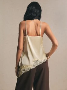 Poéselle 女款優雅浪漫夏季緞面對比蕾絲不對稱下擺細肩帶背心，米色晚宴約會日派對酒吧派對下午茶派對上衣，奶油色穿搭 - 杏色 - 查看 9
