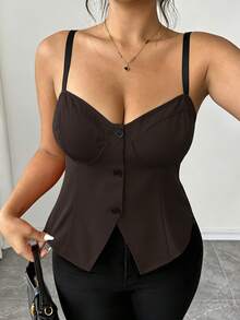 GlowEve CURVE Plus Size Elegant Casual Colorblock Spaghetti Strap Tank Top With Hem Slit And Button Design, Suitable For Daily Wear, Beach Vacation, Date, Party, Spring/Summer - Brown - View 7