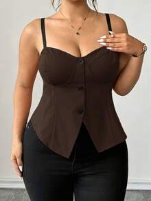 GlowEve CURVE Plus Size Elegant Casual Colorblock Spaghetti Strap Tank Top With Hem Slit And Button Design, Suitable For Daily Wear, Beach Vacation, Date, Party, Spring/Summer - Brown - View 4