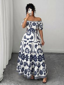 Elenzga 大尺碼女款春夏藍白印花荷葉邊優雅度假長洋裝，泡泡袖、收腰設計、鏤空、荷葉邊下擺，夏季沙灘穿搭 - 藍色 - 查看 7