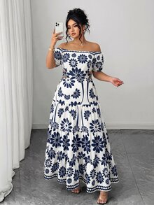 Elenzga 大尺碼女款春夏藍白印花荷葉邊優雅度假長洋裝，泡泡袖、收腰設計、鏤空、荷葉邊下擺，夏季沙灘穿搭 - 藍色 - 查看 6