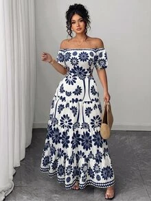 Elenzga 大尺碼女款春夏藍白印花荷葉邊優雅度假長洋裝，泡泡袖、收腰設計、鏤空、荷葉邊下擺，夏季沙灘穿搭 - 藍色 - 查看 1