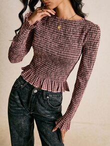 女款格紋圓領喇叭袖套頭上衣，秋季女裝穿搭 - 鏽棕色 - 查看 4
