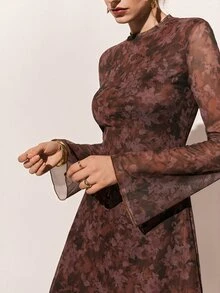 Poéselle Women's Dark Brown Floral Mini Dress With Stand Collar Straight Shoulders Flared Sleeves Slim Fit All-Over Floral Print For Autumn Night Out - Red Violet - View 9