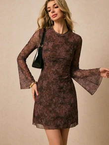 Poéselle Women's Dark Brown Floral Mini Dress With Stand Collar Straight Shoulders Flared Sleeves Slim Fit All-Over Floral Print For Autumn Night Out - Red Violet - View 2